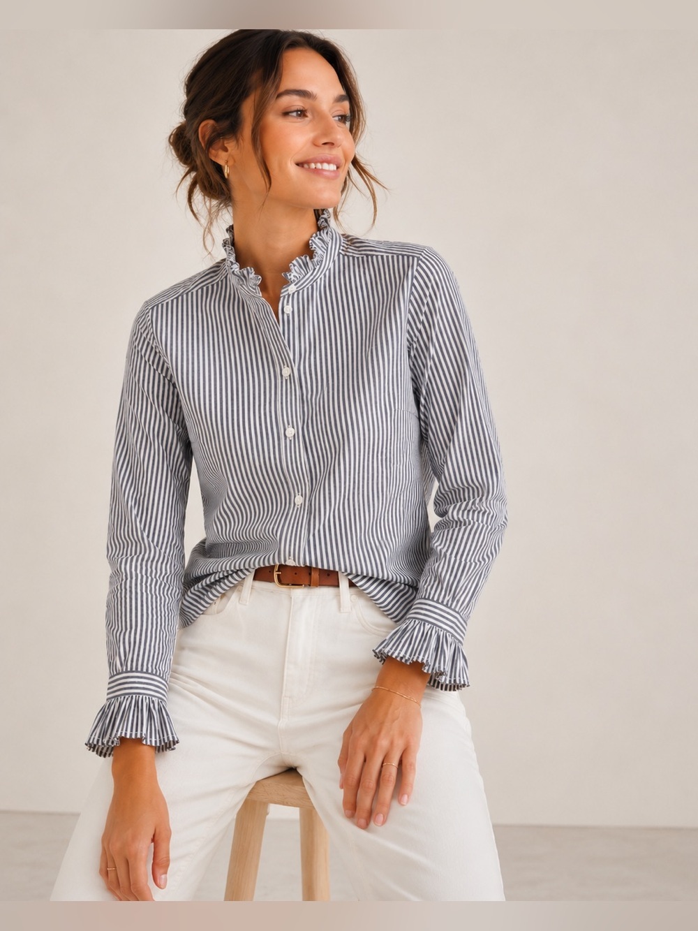 J Crew Gray Blue White Stripe Ruffle Collar Cuff Button Front Regenerative XXSP